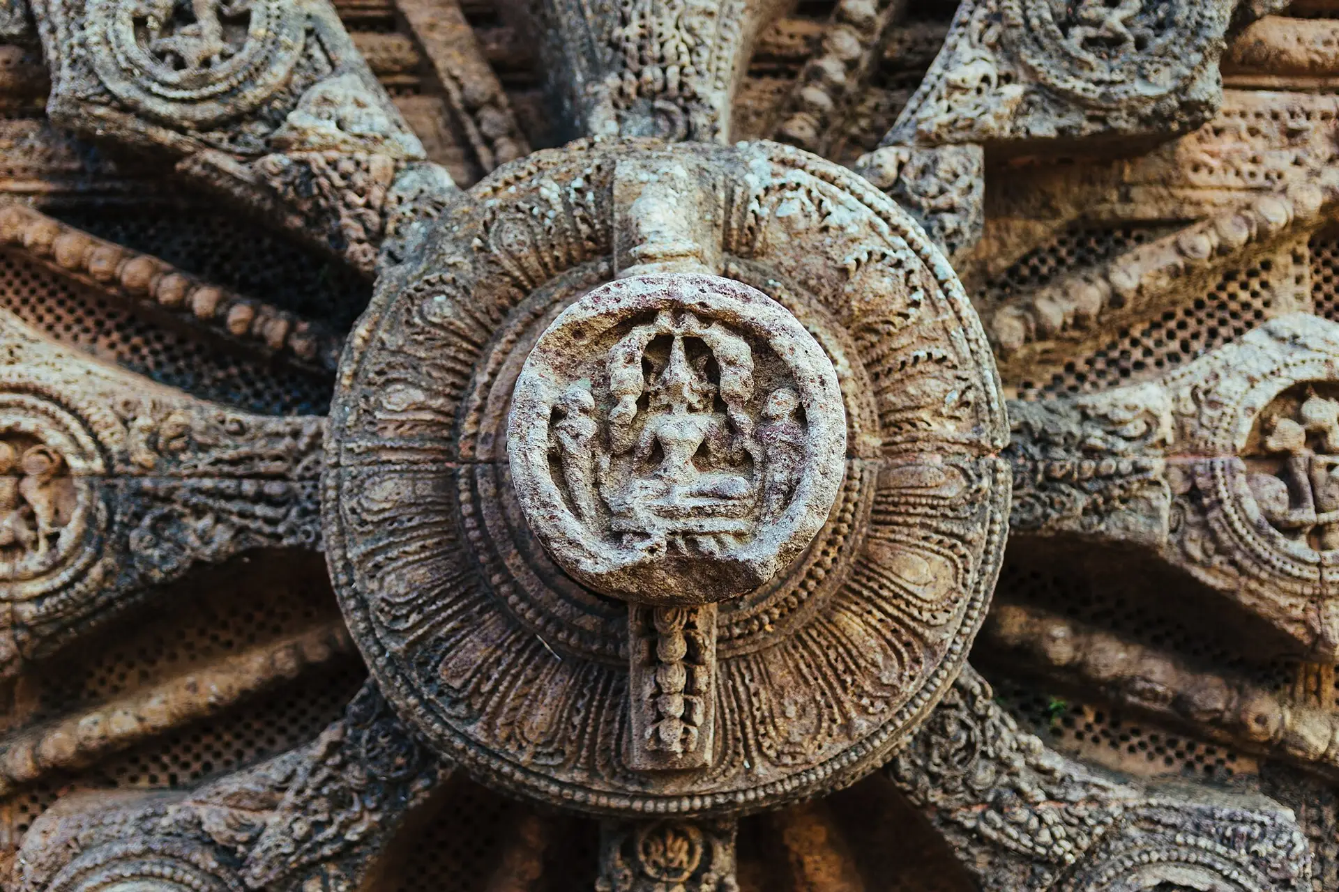 Stone chariot wheel carving at the Konark Sun Temple, Odisha